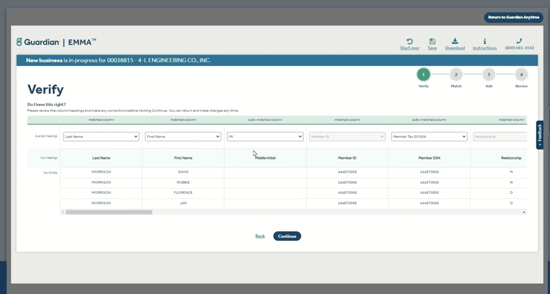 Sample screenshot of GuardianLife's EMMA platform for census enrollment handling